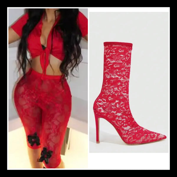 Women Fashion Red Lace High Heel Ankle Boots