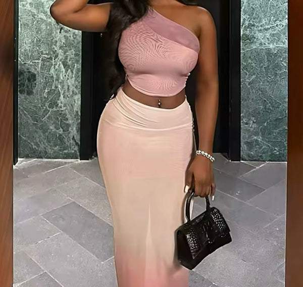 Women Sexy One Shoulder Sleeveless Gradient Two Piece Maxi Skirt Set