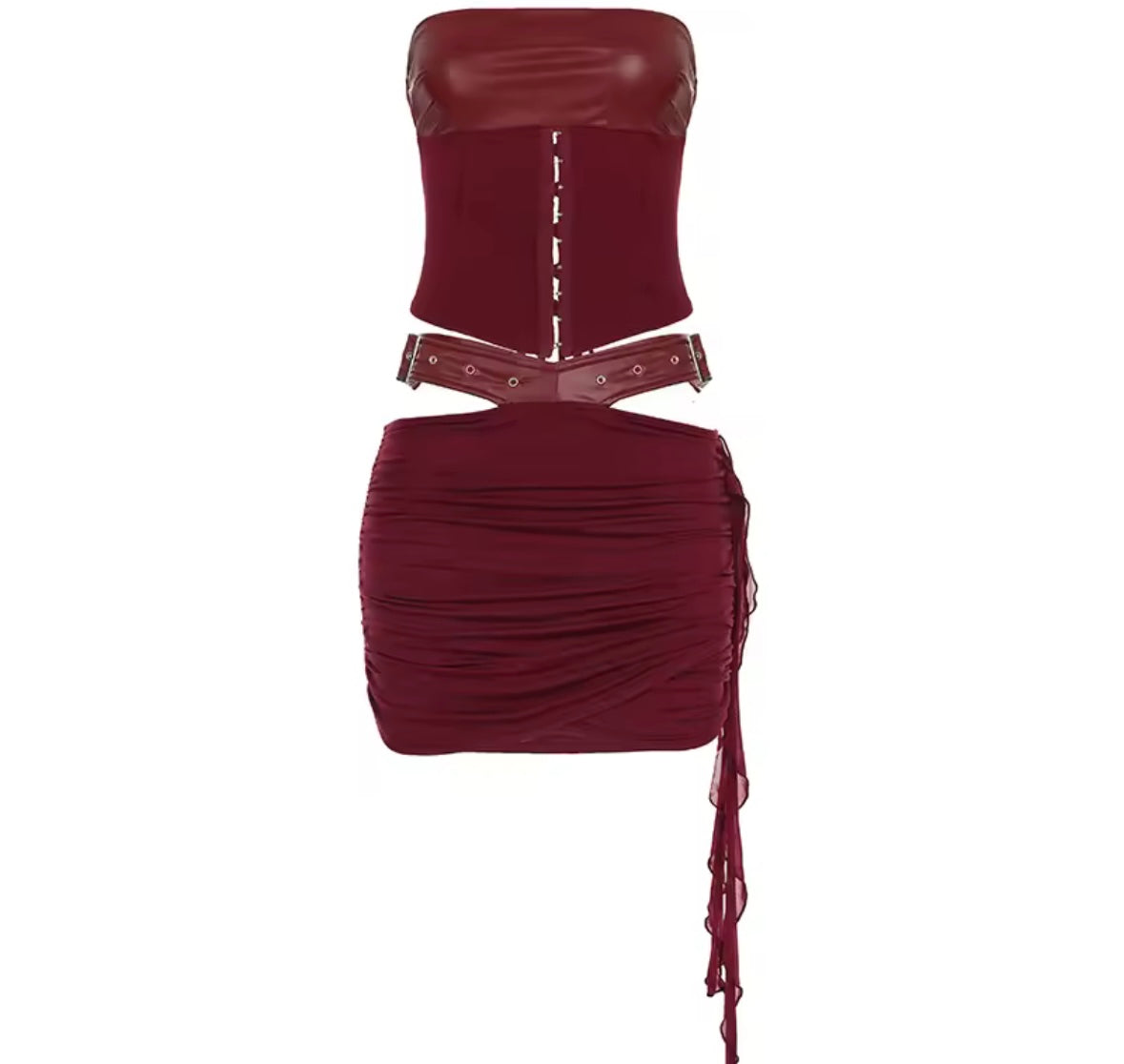 Women Sexy Burgundy Strapless Tie Up Two Piece Skirt Set