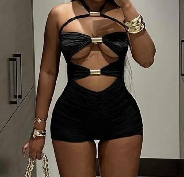 Women Sexy Black Gold Metal Cut Out Halter Sleeveless Romper