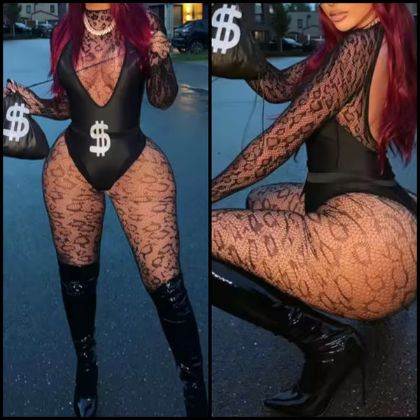 Women Black Sexy Money Lace Bodysuit Five Piece Lingerie Set Costume