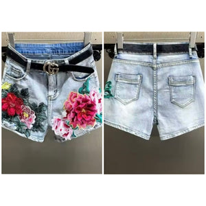 Women Fashion Embroidery Floral Print Denim Shorts