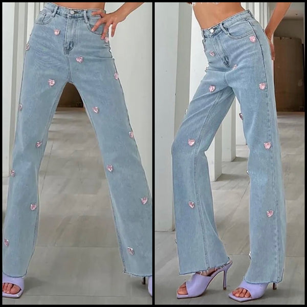 Women Fashion Pink Crystal Heart Patchwork Denim Pants