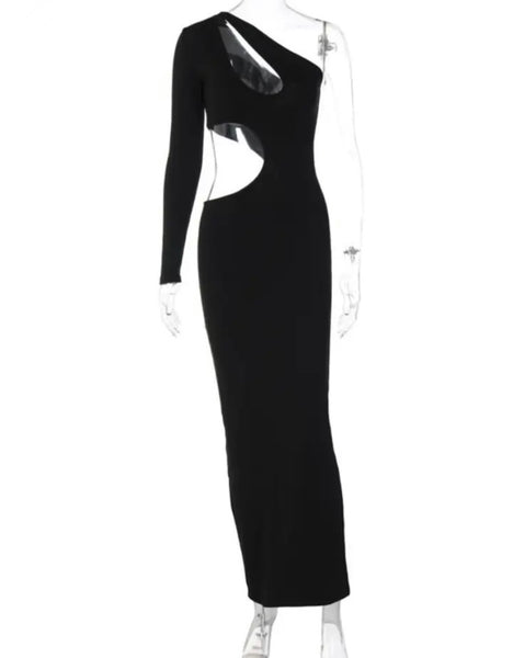 Women Sexy One Shoulder Full Sleeve Cut Out Maxi Dress