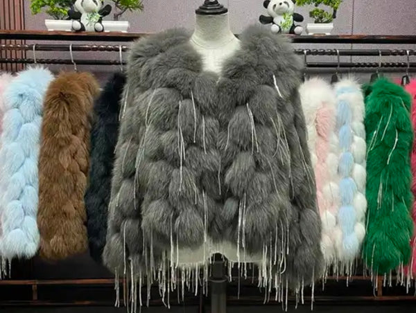 Women Fashion Faux Fur Bling Tassel Jacket