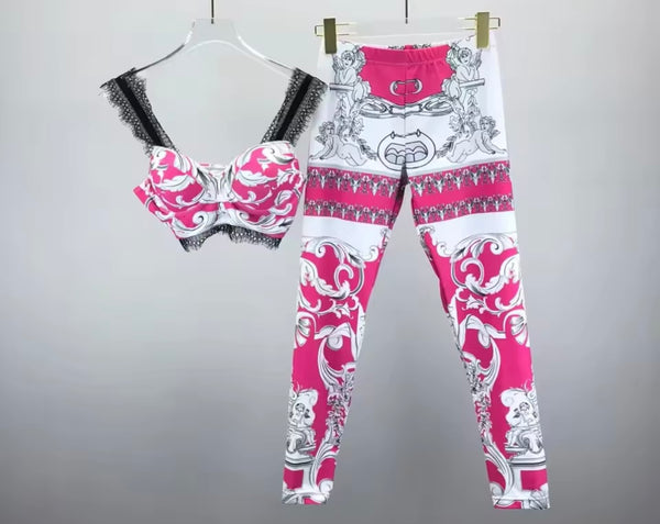 Women Sleeveless Printed Crop Two Piece Fashion Pant Set
