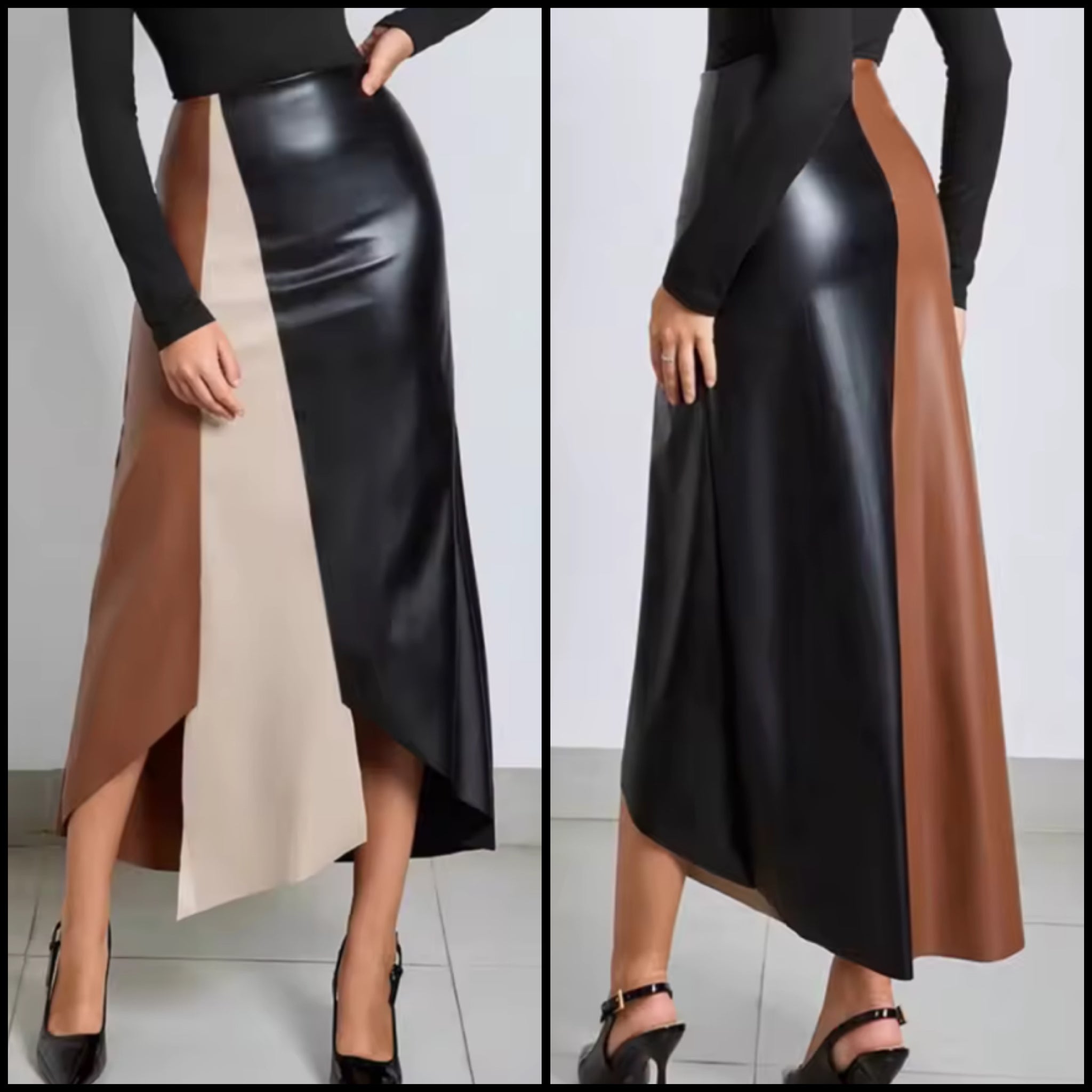 Women Fashion Color Patchwork Faux Leather Maxi Skirt