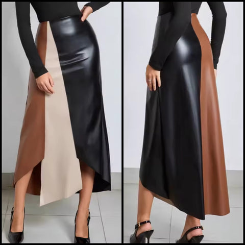 Women Fashion Color Patchwork Faux Leather Maxi Skirt