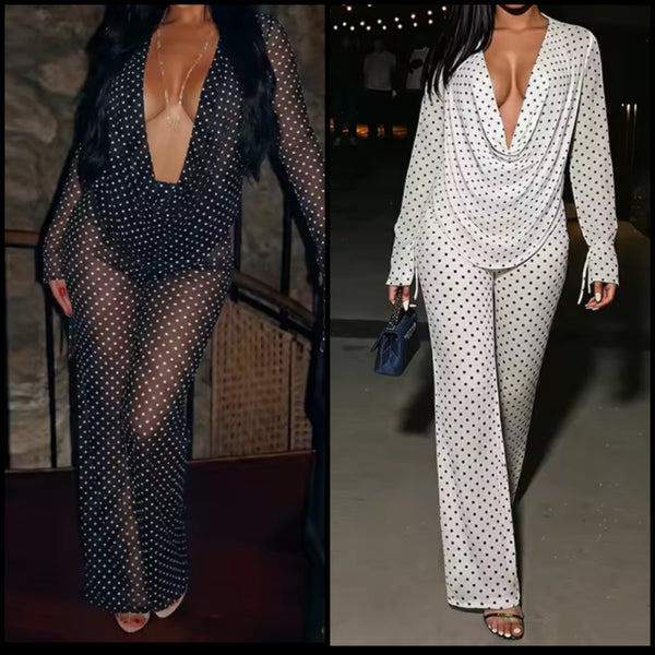 Women Sexy B&W Polka Dot Full Sleeve Mesh Two Piece Pant Set