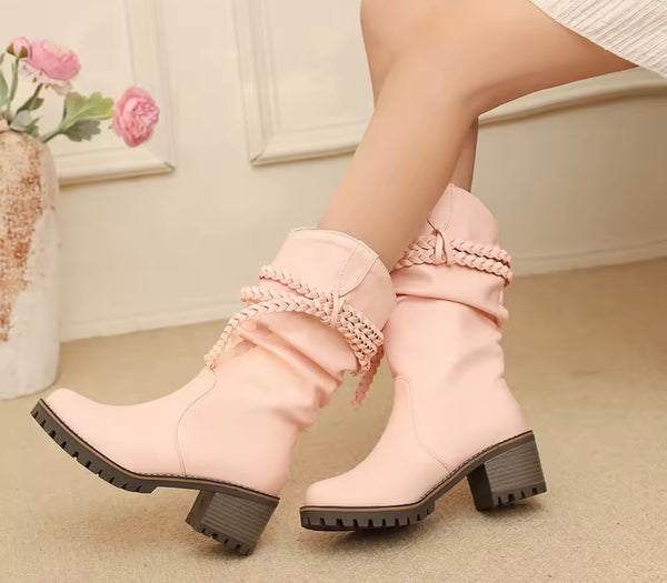 Women Fashion Ruched Rope Faux Leather Ankle Boots