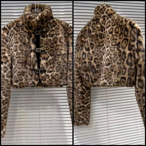 Women Fashion Leopard Print Faux Fur Jacket