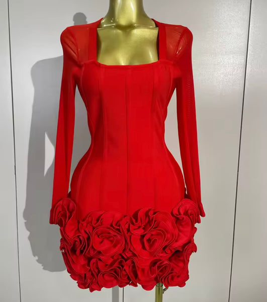 Women Sexy Mesh Full Sleeve Floral Ruffled Dress