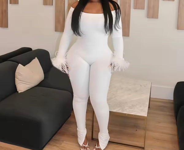 Women Off The Shoulder Feather Full Sleeve Fashion Jumpsuit