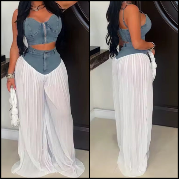Women Zip Up Sleeveless Denim Mesh Patchwork Two Piece Pant Set