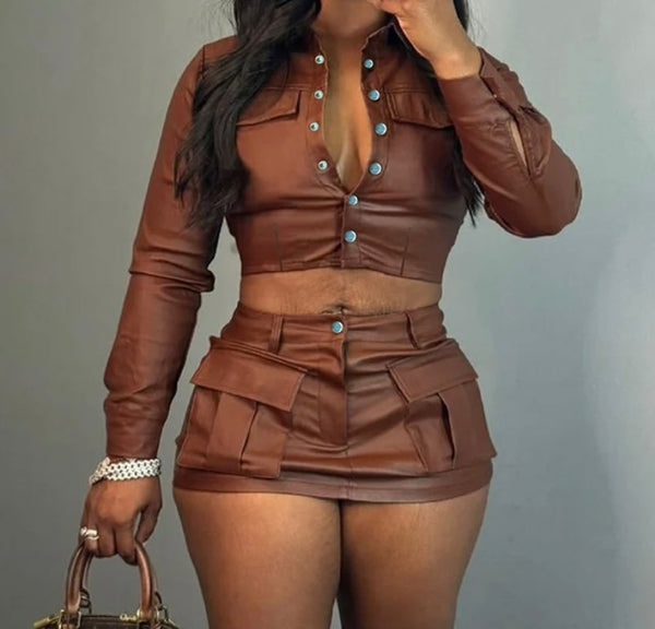 Women Brown Sexy Fashion Faux Leather Two Piece Skirt Set