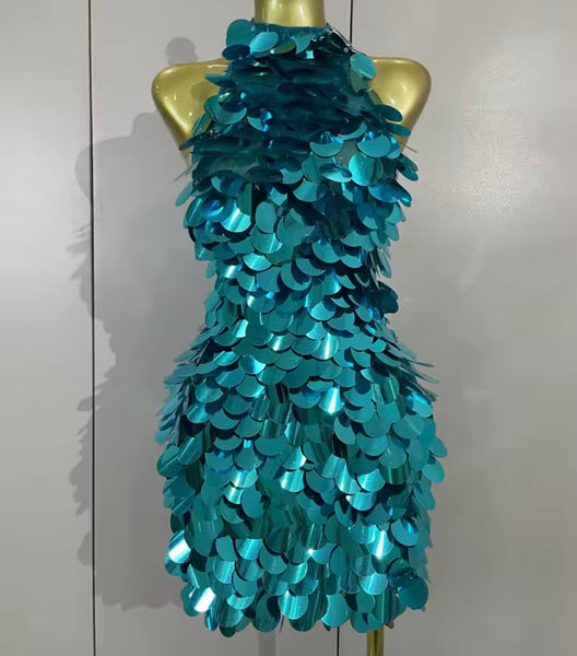 Women Sexy Sequins Halter Sleeveless Open Back Dress