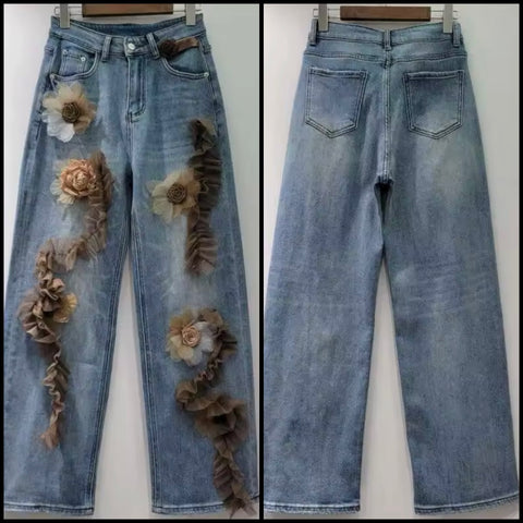 Women Fashion Floral Patchwork Denim Pants