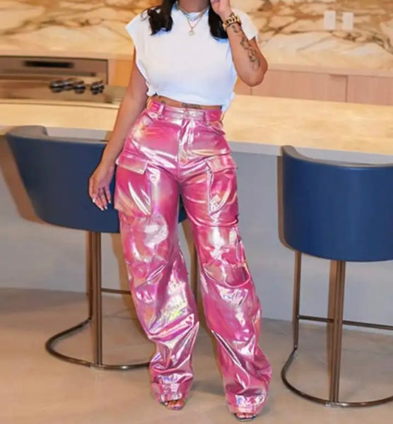 Women Pink Metallic Cargo Fashion PU Pants