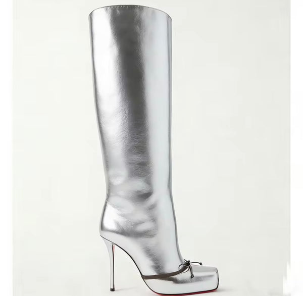 Women Fashion Square Toe Bow Faux Leather Knee High Boots