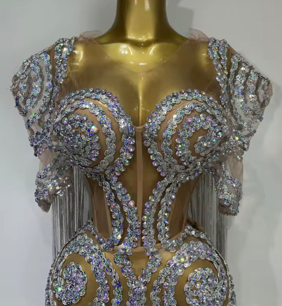 Women Sexy Sleeveless Sparkly Rhinestone Mesh Tassel Dress