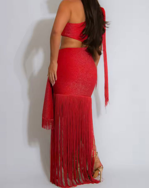 Women Sexy One Shoulder Cut Out Fringe Tassel Maxi Dress
