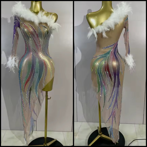 Women Sexy One Shoulder Feather Colorful Rhinestone Dress