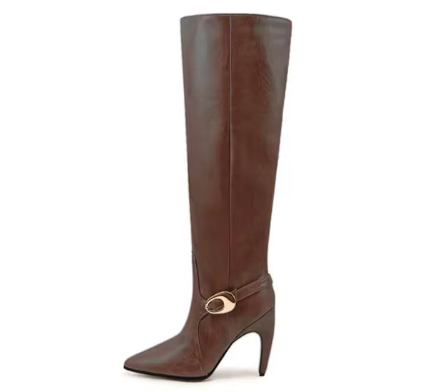 Women Buckled Faux Leather Fashion High Heel Knee High Boots
