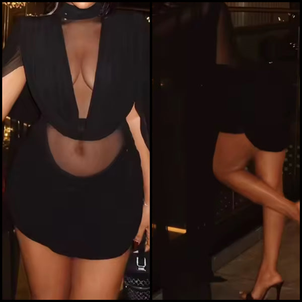 Women Black Sexy Draped Mesh Dress