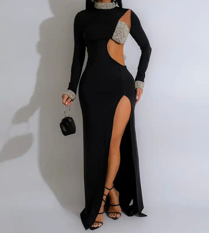 Women Sexy Bling Patchwork Full Sleeve Side Split Maxi Dress