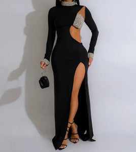 Women Sexy Bling Patchwork Full Sleeve Side Split Maxi Dress