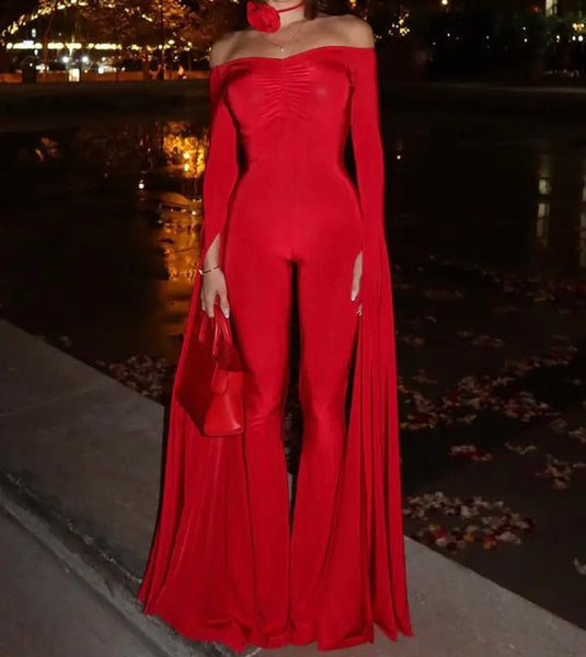 Women Sexy Red Full Sleeve Batwing Off The Shoulder Jumpsuit