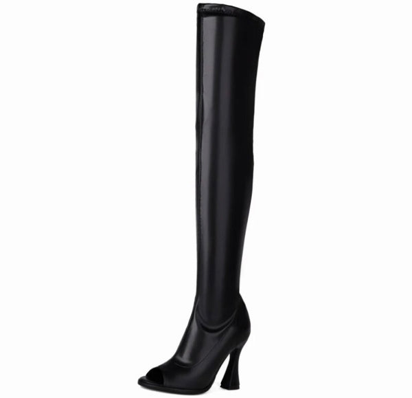 Women Black Open Toe Over The Knee Fashion Boots