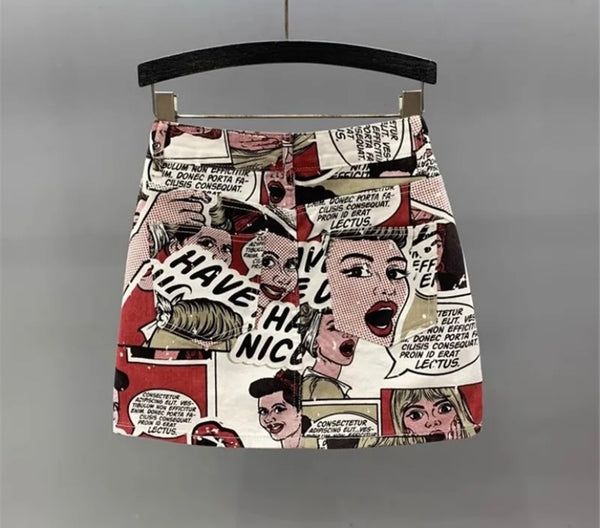 Women Fashion Cartoon Letter Print Denim Skirt