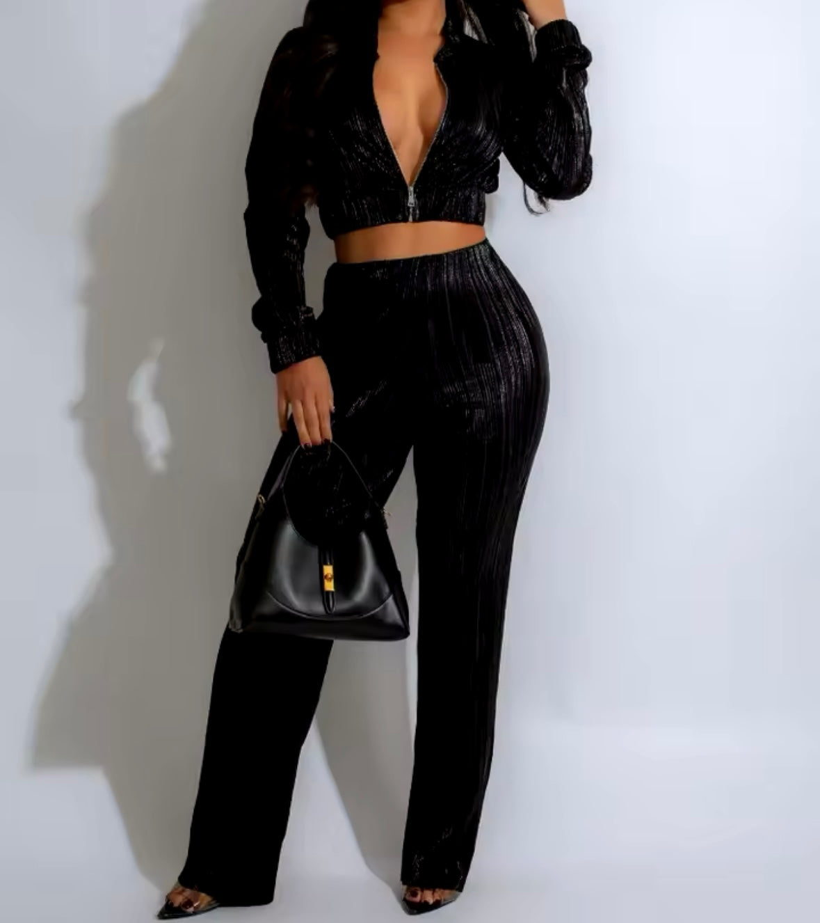 Women Fashion Zip Up Full Sleeve Pleated Tracksuit Two Piece Pant Set