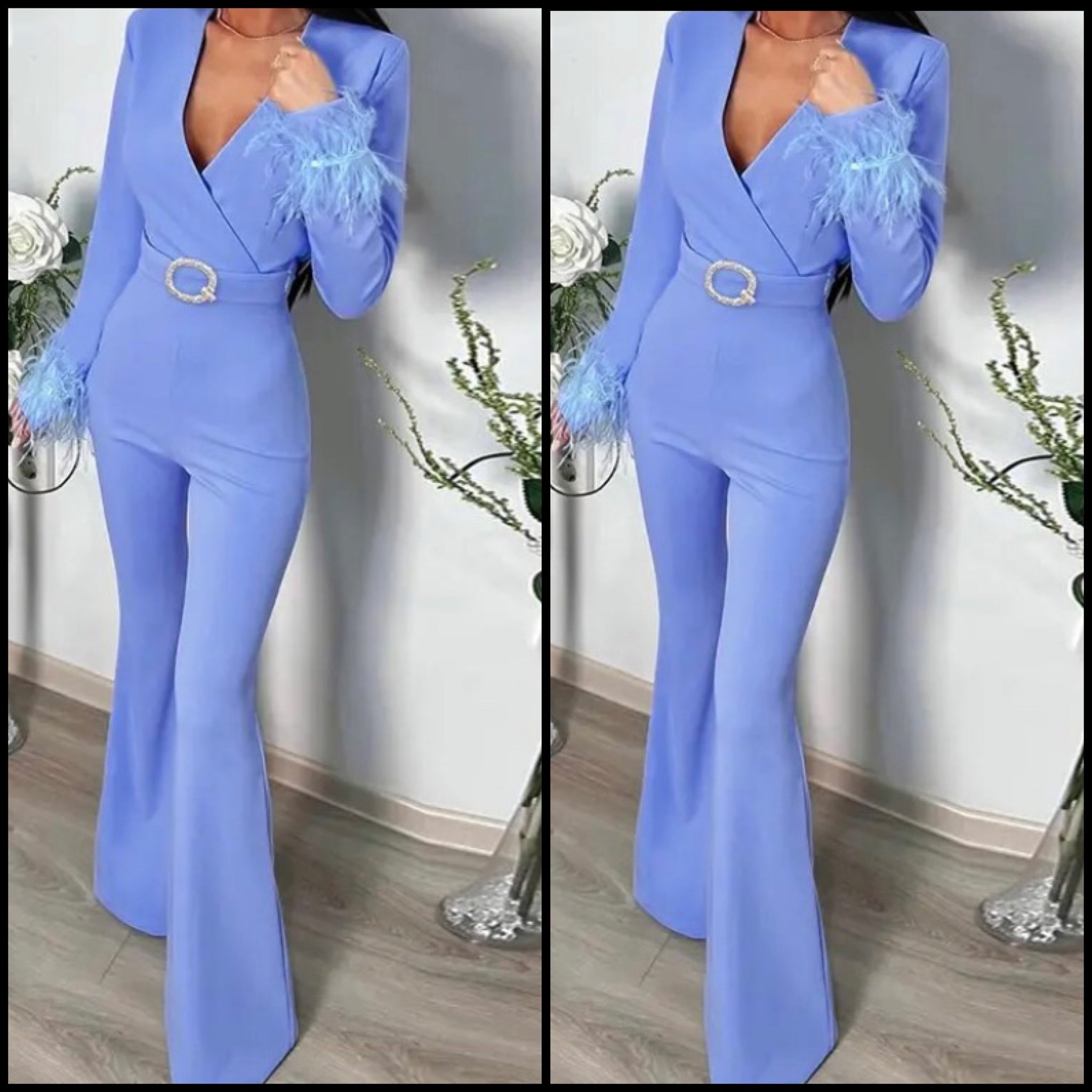 Women Sexy Fashion Feather Full Sleeve Belted Jumpsuit