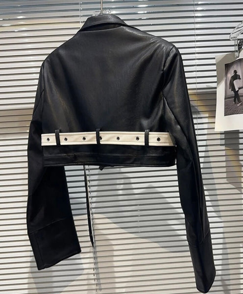 Women Fashion B&W Faux Leather Belted Jacket