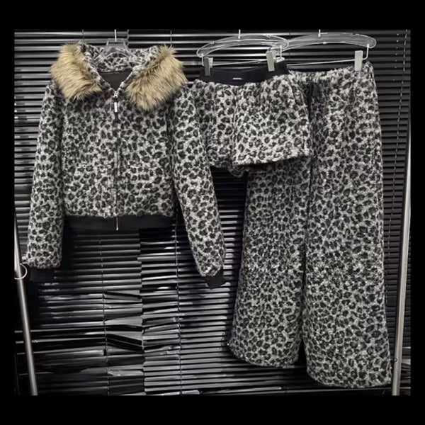 Women Fashion Leopard Fur Patchwork Three Piece Pant Set