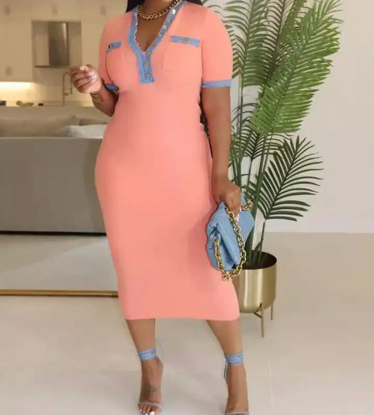 Women Sexy Fashion Short Sleeve Denim Patchwork Maxi Dress