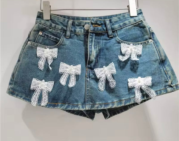 Women Fashion Bow Patchwork Denim Wrap Shorts