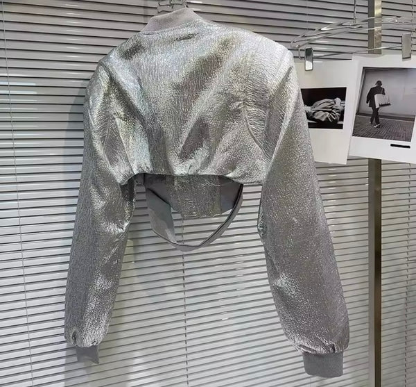 Women Color Fashion Buckled Zip Up Crop Jacket