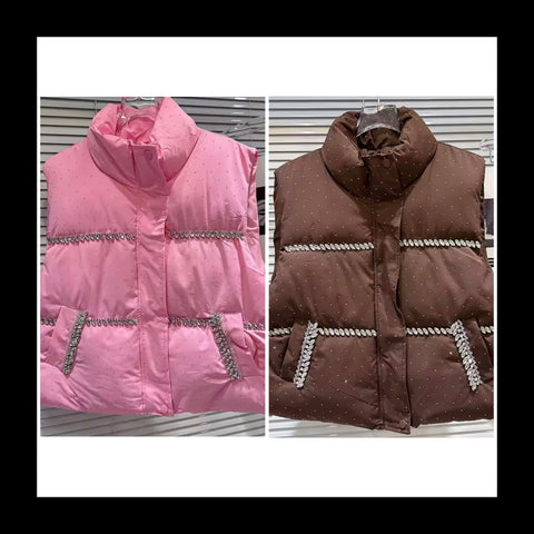 Women Fashion Color Rhinestone Puff Vest Jacket