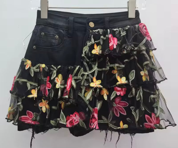 Women Fashion Floral Ruffled Black Denim Skirt