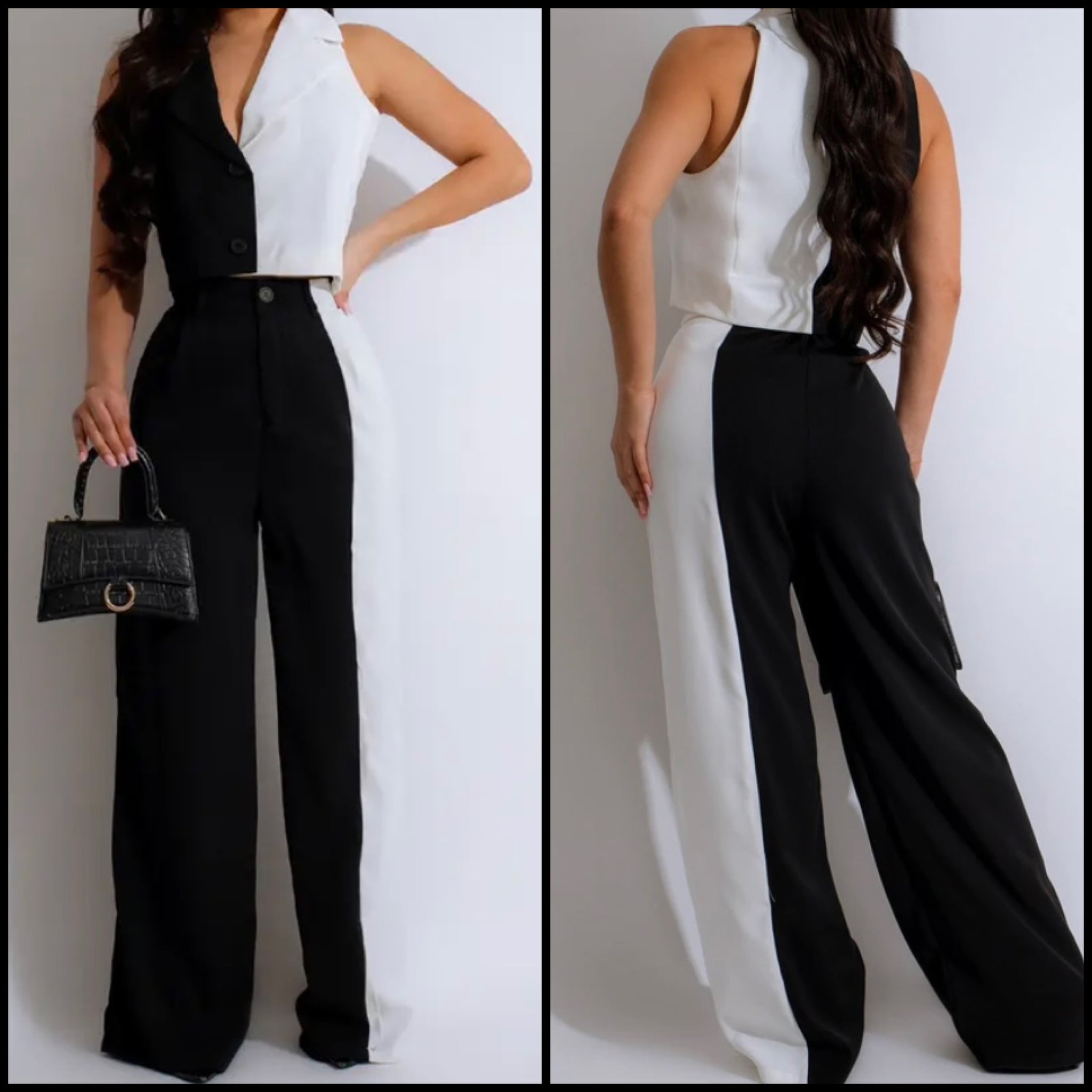 Women Fashion Sleeveless B&W Button Up Two Piece Pant Set