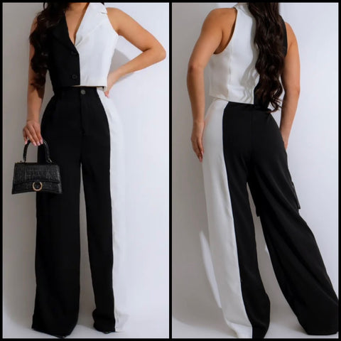 Women Fashion Sleeveless B&W Button Up Two Piece Pant Set