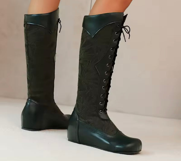 Women Fashion Floral Lace Up Flat Knee High Boots
