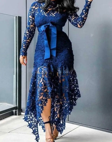 Women Sexy Color Lace Full Sleeve Bow Maxi Dress