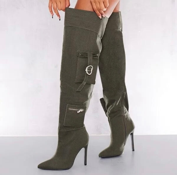 Women Fashion Zipper Buckled Pocket Over The Knee Boots