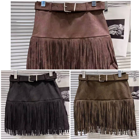 Women Color Fashion Sexy Suede Fringe Tassel Skirt