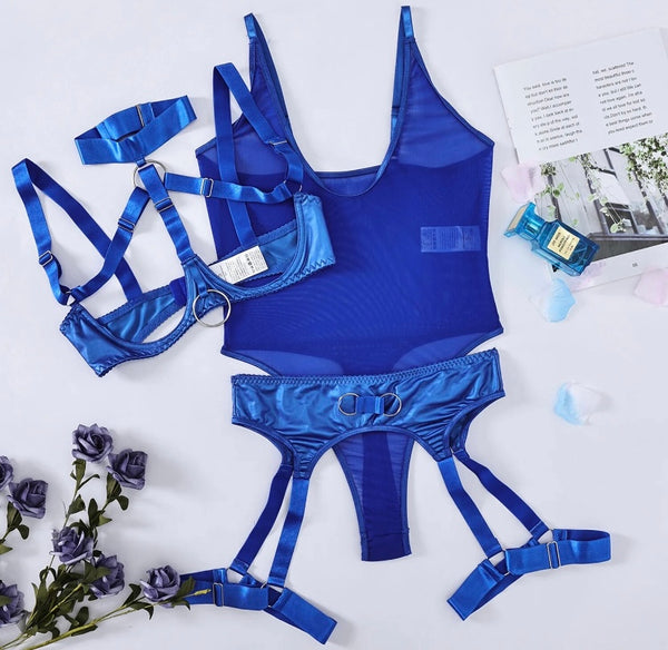 Women Blue Sexy Choker Mesh Bodysuit Lingerie Set