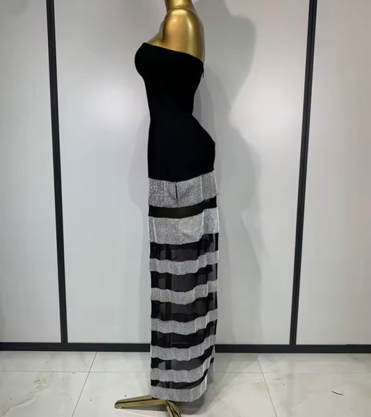 Women Sexy Strapless Black Bling Patchwork Maxi Dress